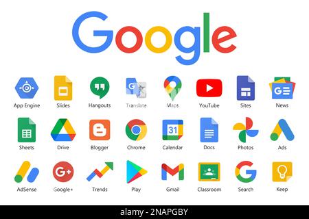 Google Produkte und Programme Logo auf weißem Hintergrund. Google Icons-Sammlungen Stock Vektor