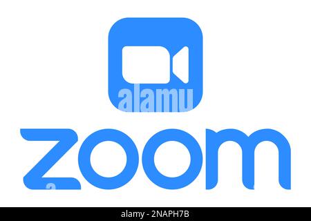 Zoomen Sie das Logo und die Beschriftung auf einen weißen Hintergrund. Zoom-Symbol Stock Vektor