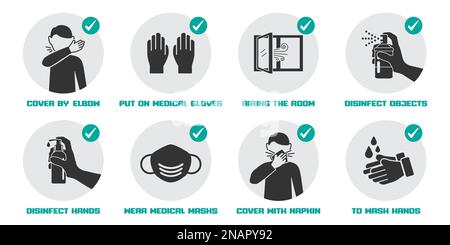 Präventive Maßnahmen Symbole für nicht krank zu werden und nicht Virus zu verbreiten Stock Vektor