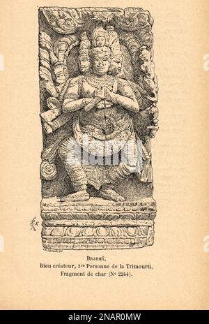 Brahma Hindu-gott, in Trimurti als „Schöpfer“ bezeichnet, verbunden mit Schöpfung, Wissen und den Vedas. Darstellung eines Streitwagen-Fragments aus dem 19. Jahrhundert, veröffentlicht 1894 Stockfoto