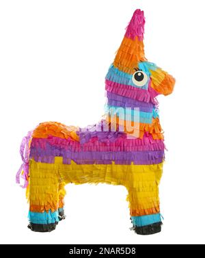 Leuchtende, bunte Eselpinata, isoliert auf weiß Stockfoto