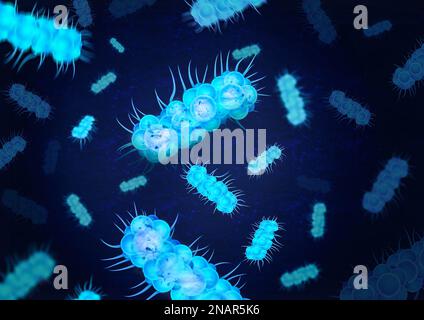 Bakterienkolonie unter dem Mikroskop, Illustration. Laborforschung Stockfoto