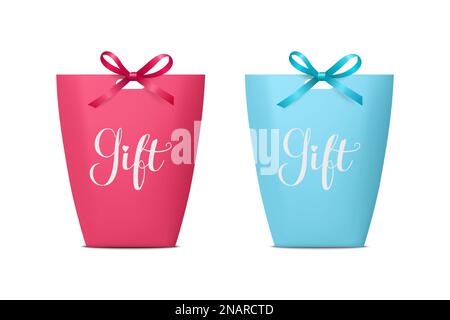 Vector 3D Realistic Pink and Blue n Geschenktasche aus Papier, Karton zum Geburtstag oder zur Party mit Seidenschleife, Band. Tragetasche für Geschenkset isoliert auf Weiß Stock Vektor