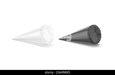 Schwarzweißes Eiskegelmodell, isoliert, 3D-Rendering. Leeres konisches, cremiges Sorbet in Einweg-Schürzenmodell, Seitenansicht. corni räumen Stockfoto