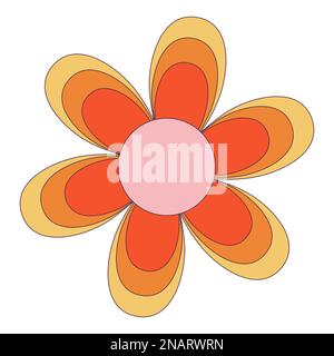 Retro 70s Groovy Hippie Sticker Gänseblümchen. Psychedelisches Cartoon-Element - eine flippige Illustration im klassischen Hippie-Stil. Flache Vektordarstellung für Stock Vektor