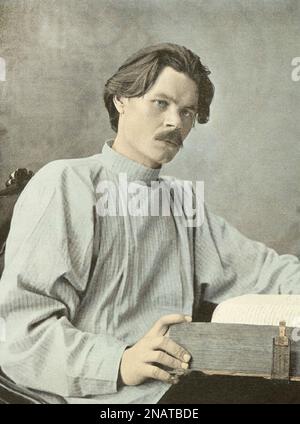 Maxim Gorky. Foto von 1902. Alexei Maximovich Peschkov (1868-1936), allgemein bekannt als Maxim Gorky, war ein russischer Schriftsteller und sozialistischer politischer Denker und Befürworter. Er wurde fünfmal für den Literaturnobelpreis nominiert. Vor seinem Erfolg als Autor reiste er weit durch das russische Reich und wechselte häufig den Job, Erfahrungen, die später sein Schreiben beeinflussen würden. Stockfoto