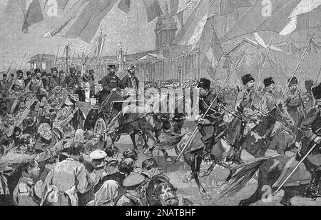 Die Passage des Präsidenten der Französischen Republik Emile Loubet entlang des Nevsky Prospekts in St. Petersburg. Abbildung von 1902. Stockfoto