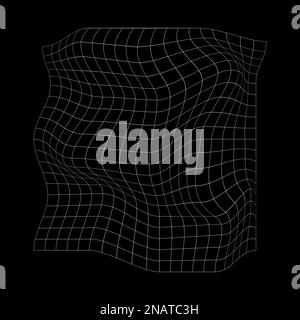 Verzerrtes weißes Gitter, isoliert auf schwarzem Hintergrund. Verformte Drahtmodellstruktur. Netz mit gekrümmtem Effekt. Verformung des karierten Musters. Gebogenes Gitter Stock Vektor
