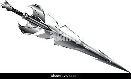 Das mächtige, scharfe Fantasieschwert aus Stahl aus dem kalten Stahl des Meteoriten ist bewundernswert. Stock Vektor