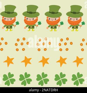 Gestreifte St. Patrick's Day nahtloses Muster. Handgezeichnete Illustration mit Leprechauns, Klee, Sternen und Münzen. Stock Vektor