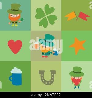 Nahtloses kariertes Muster mit Symbolen zum St. Patrick's Day auf grünem Hintergrund. Stock Vektor