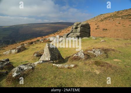 Blick in Richtung Chinkwell tor vom Bell Tor, in der Nähe von Widecombe, Dartmoor, England, Großbritannien Stockfoto