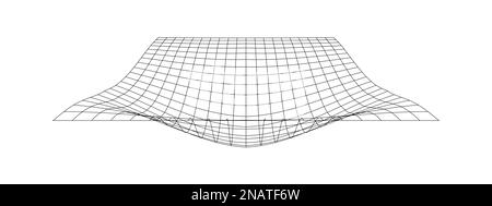 Gitter mit konvexer Wirksamkeit. Futuristisch verzerrtes Netz. Verformte Netzstruktur. Geometrische Verformung. Schwerkraft-Phänomen. Gebogene Gitteroberfläche isoliert auf Stock Vektor