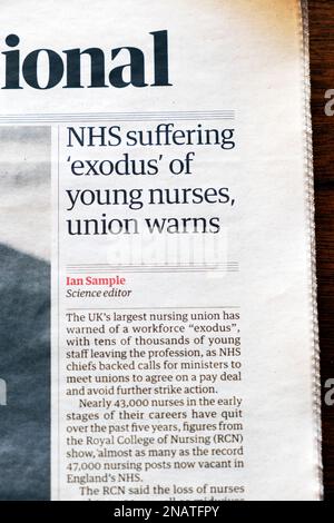 „NHS leidet 'Exodus' junger Krankenschwestern, Gewerkschaft warnt' Guardian Zeitung Headline Health Service Artikel 11 Februar 2023 London UK Stockfoto