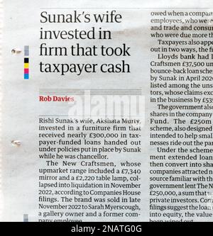 Rishi „Sunaks Frau investierte in eine Firma, die Geld von Steuerzahlern nahm“ Guardian Zeitungsartikel Ausschneiden 11. Februar 2023 London UK Stockfoto