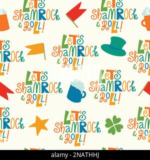 Shamrock und Roll Schriftzug nahtlos für den St. Patrick's Day. Stock Vektor