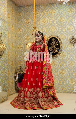 Indische und pakistanische Braut in traditioneller Hochzeitskleidung Stockfoto