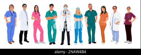 Eine Reihe von lächelnden Ärzten, Krankenschwestern, Sanitätern. Vektorabbildungen isoliert. Stock Vektor