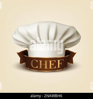 Vector-Banner mit 3D realistischen, weißen Küchenmütze, Toque und Band. Cook, Baker Chef Cap Designvorlage. Bäckerei, Restaurant, Küchenuniform. Baumwolle Stock Vektor