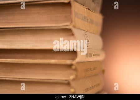 Viele Stapel von Lehrbüchern zu Hause, die sich auf Prüfungen auf weißem Hintergrund vorbereiten Stockfoto