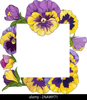 Quadratischer Rahmen mit schwulen Blumen, gelben und violetten Blumen, grüne Blätter Zierstück, Vektorbild Stock Vektor