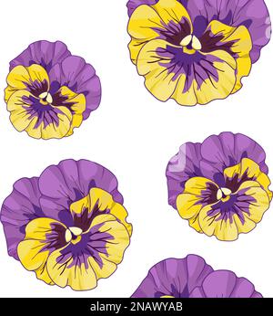 Pansies, nahtloses Blumenmuster, Vektordarstellung. viola, gelbe und lila Blumen, grüne Blätter Stock Vektor