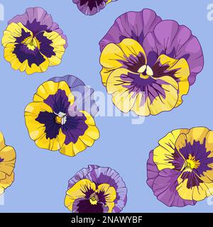 Pansies, nahtloses Blumenmuster, Vektordarstellung. viola, gelbe und lila Blumen, grüne Blätter Stock Vektor