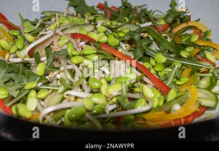 Asiatischer Salat mit viel frischem Gemüse wie Taugé, Edamame, Gurke, Paprika und einem würzigen thailändischen Dressing Stockfoto