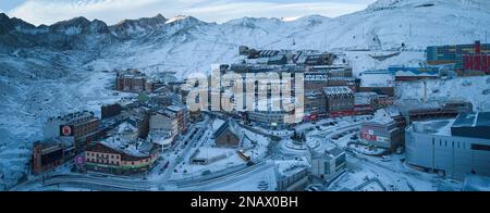 A panoramic aerial view of El Pas de la Casa, Andorra, after a snow storm Stockfoto