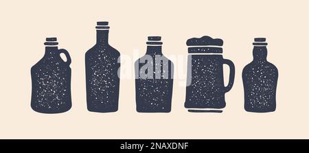 Flaschensatz. Sammelflaschen für Wodka, Gin, Bourbon, Silhouettenglas, Wein, Bier, Whiskey und Schnaps, Brandy, Rum, verschiedene Arten von Flaschen. Grafikdruck für Bar und Pub. Vektordarstellung Stock Vektor