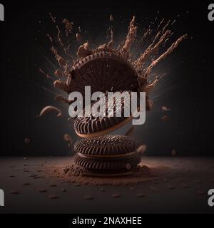 Schokoladenkekse sind von der Explosion in verschiedene Richtungen verstreut. Kakaopulver. Dunkler Hintergrund. Mit künstlicher Intelligenz geschaffen Stockfoto