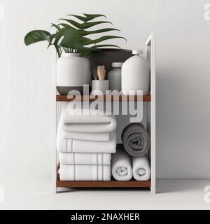 Saubere Handtücher befinden sich auf dem Regal im Badezimmer. Mit künstlicher Intelligenz geschaffen Stockfoto