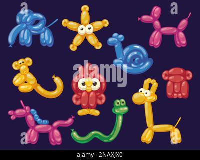 Cartoon-Ballontiere. Süßes Helium Hund Pferd Affe Elefant Schnecke Schnecke Eule Giraffe, lustige Gummidekoration für Kinder Geburtstagsparty. Vektorsatz Stock Vektor