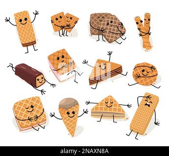 Zeichentrickfiguren mit Waffelmuster. Süße fröhliche Kawaii-Gesichter auf knusprigem belgischen Waffeln-Snack, köstliches belgisches Dessert, lustiges Maskottchen mit Gesichtsausdrücken Stock Vektor