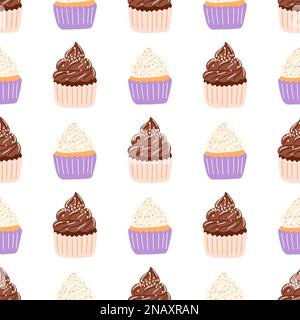 Nahtloses Muster mit köstlichem Cupcake im Cartoon-Stil. Vektorhintergrund mit Süßigkeiten, Dessert, Gebäck Stock Vektor