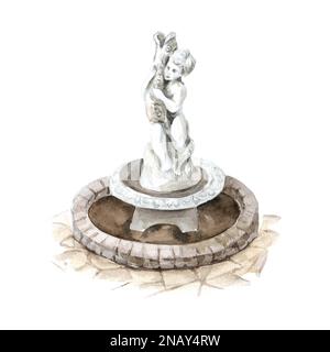 Gartenbrunnen mit einer Figur. Kleine architektonische Form. Landschaftsdesign, handgezeichnete Aquarellzeichnung, isoliert auf weißem Hintergrund Stockfoto