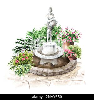 Gartenbrunnen mit weiblicher Figur. Kleine architektonische Form, Landschaftsdesign-Element, handgezeichnete Aquarellzeichnung, isoliert auf weißem Hintergrund Stockfoto