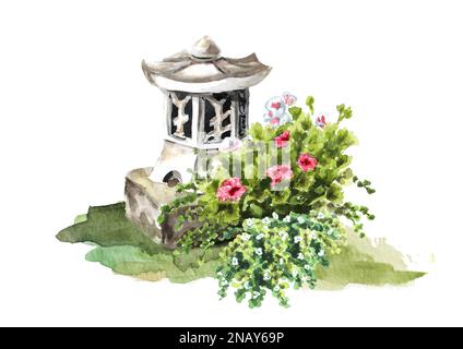 Japanische Gartenlaterne, kleine architektonische Form, Landschaftsdesign-Element, handgezeichnete Aquarelle, isoliert auf weißem Hintergrund Stockfoto