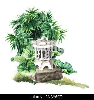 Japanische Gartenlaterne. Kleine architektonische Form, Landschaftsdesign-Element, handgezeichnete Aquarellzeichnung, isoliert auf weißem Hintergrund Stockfoto