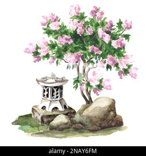 Japanische Gartenlaterne. Kleine architektonische Form, Landschaftsdesign-Element, handgezeichnete Aquarellzeichnung, isoliert auf weißem Hintergrund Stockfoto