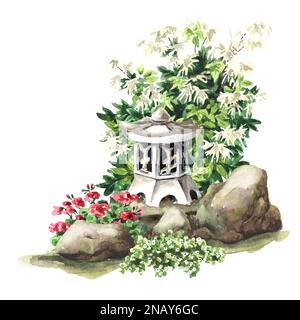 Japanische Gartenlaterne. Kleine architektonische Form, Landschaftsdesign-Element, handgezeichnete Aquarellzeichnung, isoliert auf weißem Hintergrund Stockfoto