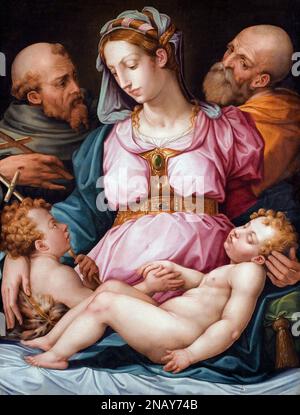 Heilige Familie mit dem Säuglingsheiligen Johannes dem Täufer und dem Heiligen Franziskus von Giorgio Vasari (1511-1574), Öl auf der Platte, nach 1544 Stockfoto