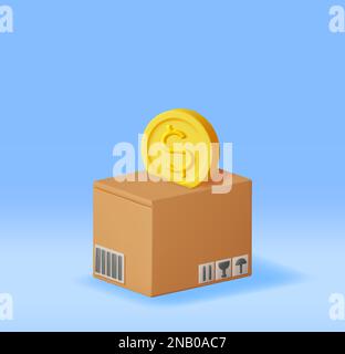 3D Karton mit Goldmünzen Stock Vektor