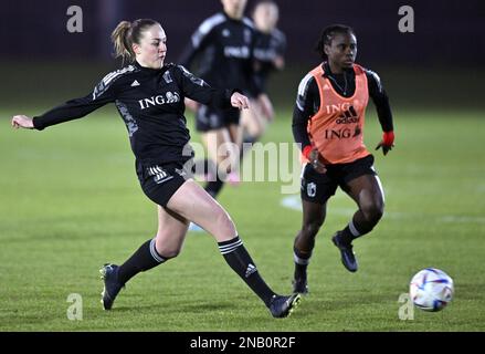Illustration Foto, aufgenommen während einer Trainingseinheit der belgischen nationalen Frauenfußballmannschaft The Red Flames, in Tubize, Montag, 13. Februar 2023. Die Red Flames nehmen vom 16. Bis 22. Februar 2023 am Arnold Clark Cup Teil, einem einladenden Fußballturnier der Frauenvereinigung. BELGA FOTO ERIC LALMAND Stockfoto