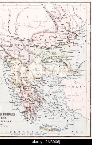 1893 historische Atlas-Karte von Rumänien und Moldawien/Moldawien in der Balkanregion. Erklärung des rumänischen Königreichs nach 1866. Stockfoto