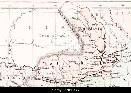 1893 historische Atlas-Karte von Rumänien und Moldawien/Moldawien. Nach 1866 rumänische Königserklärung. Stockfoto