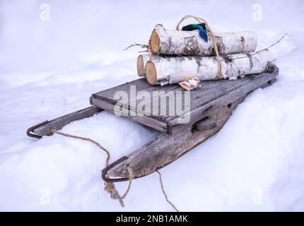 Oldtimer-Schlitten oder -Schlitten mit einem Bündel Birkenholz oben auf dem jährlichen Vinterfest 18. in Scandia, Minnesota, USA. Stockfoto