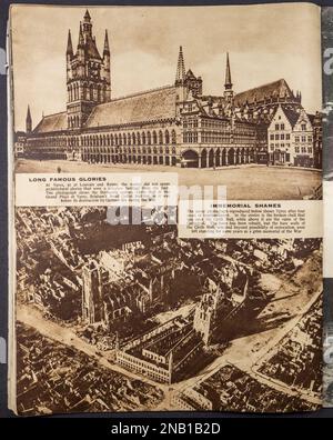 Luftfoto nach dem Ersten Weltkrieg der Tuchhalle in Ypern (Ieper) im 1914-1918. Weltkrieg Eine bildliche Geschichte (1934). Stockfoto
