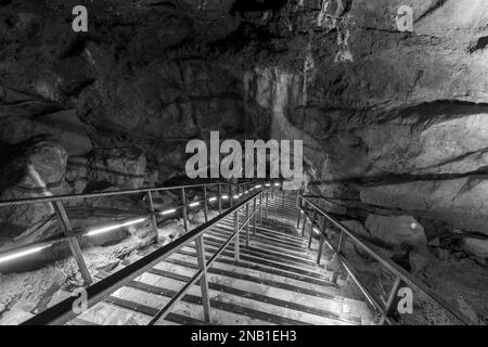 Eine beleuchtete Treppe in der Goughs Cave in Cheddar in Somerset Stockfoto