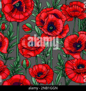 Scharlachrote Mohnblumen, nahtloses Vektormuster Stockfoto